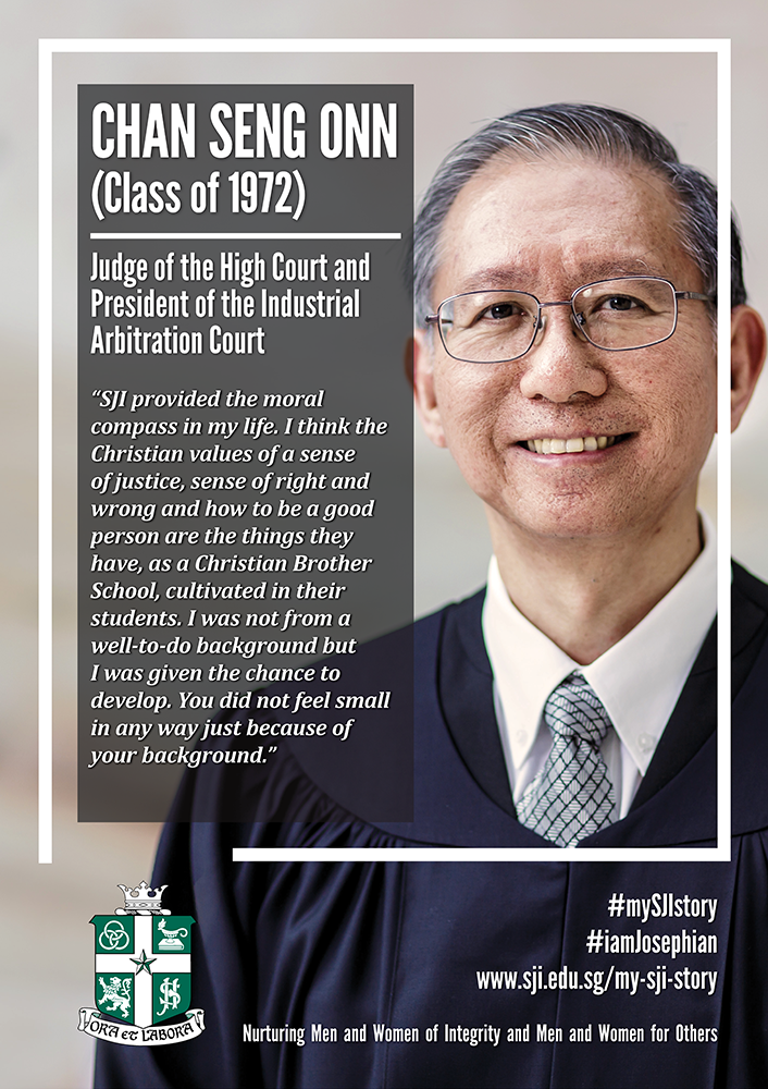 Smiling older man in judicial robes and glasses, named Chan Seng Onn, Class of 1972, High Court Judge.
